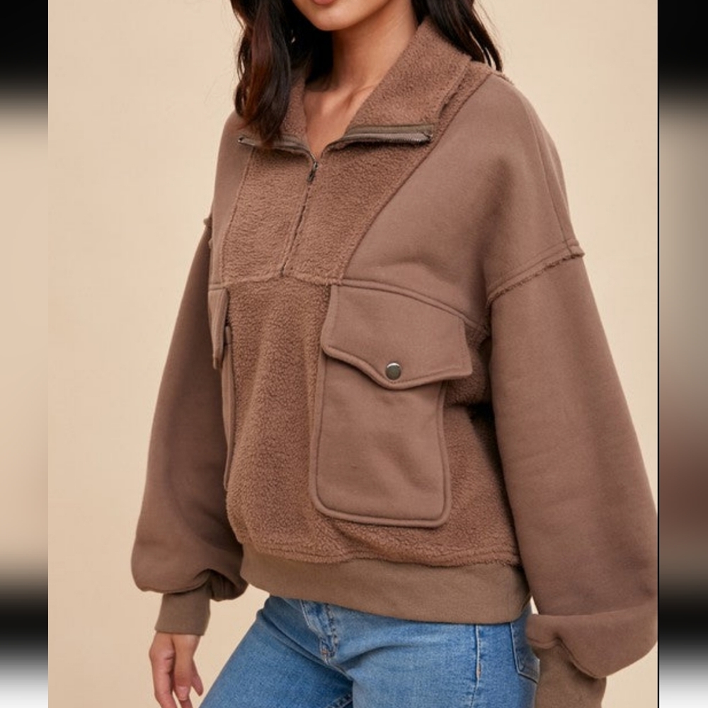 OVERSIZED CONTRAST REVERSED FLEECE 1/4 ZIP PULLOVER